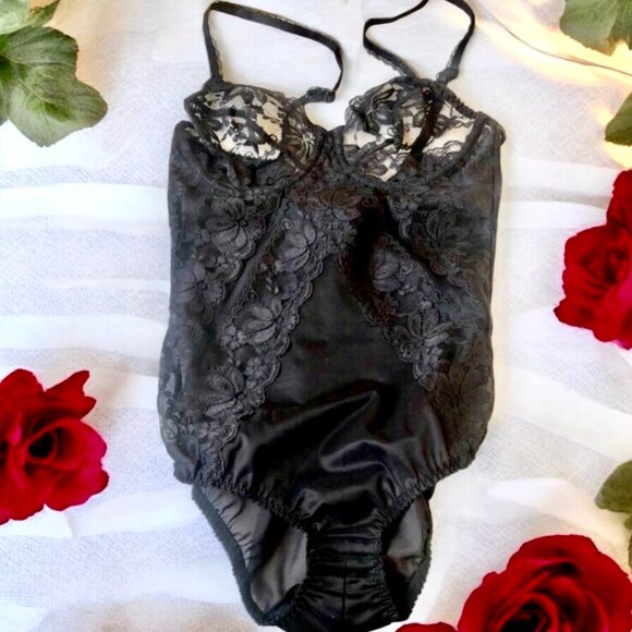 Vintage Dolores For Poirette Vtg 70's Black Lace Teddy Bodysuit ILGWU 34B NEW - Picture 2 of 16